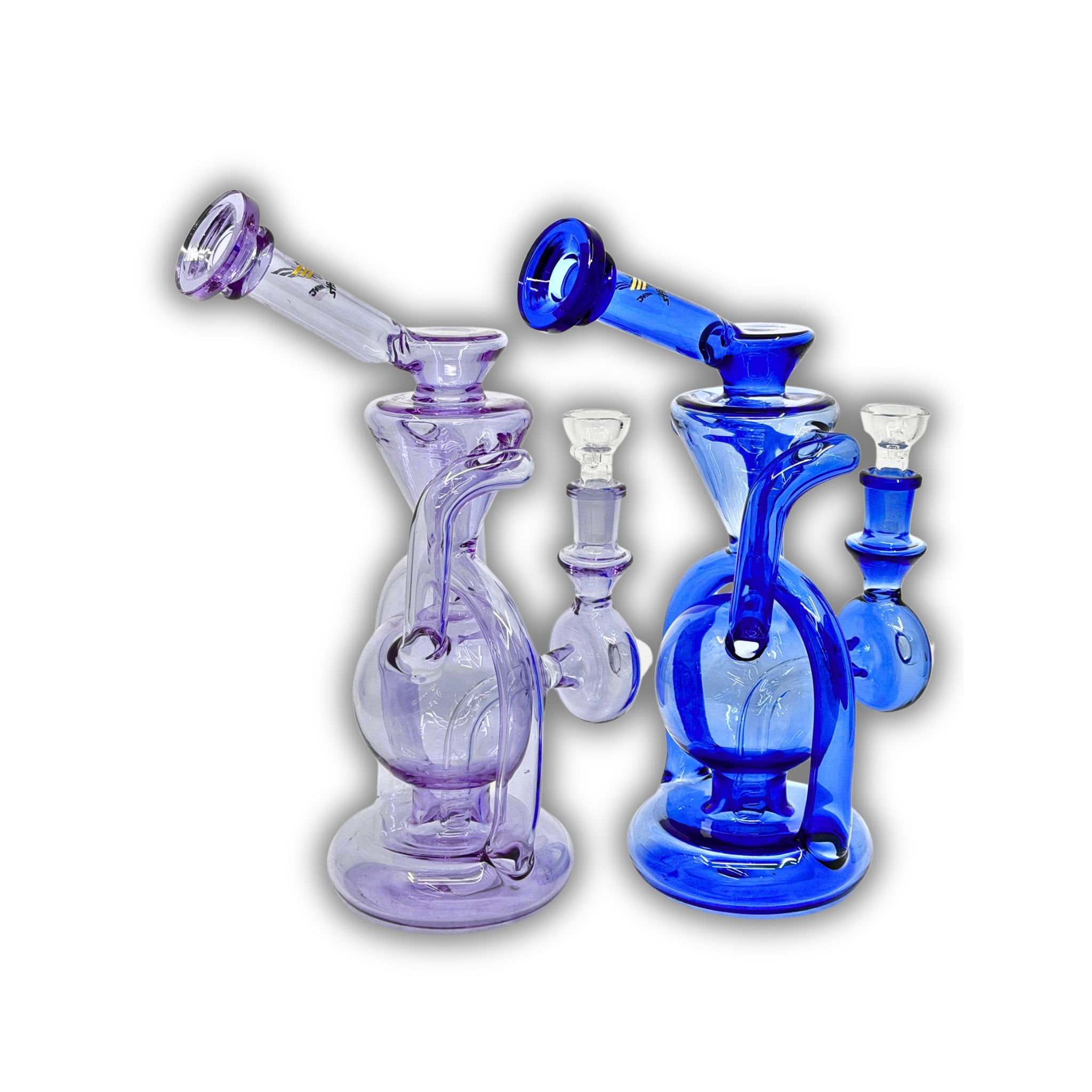 Compact recycler glass water pipe with curved arm design in purple and blue transparent glass.