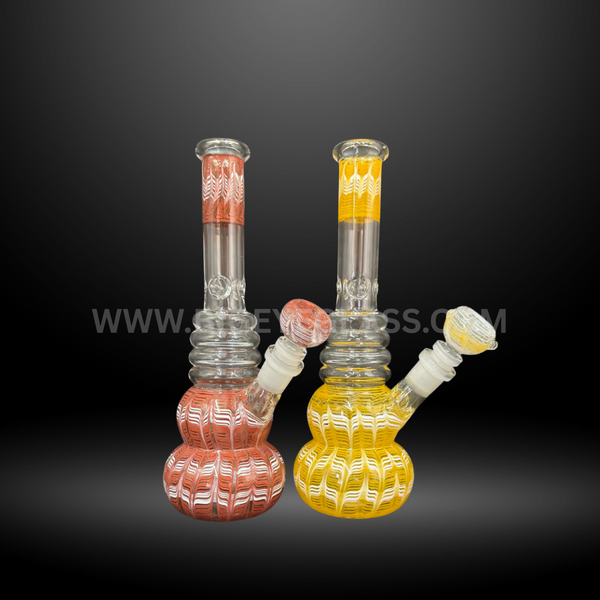 Set of two colorful textured glass water bongs in red and yellow designs. Durable wholesale smoking accessories for head shops and distributors.