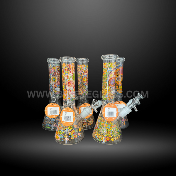 The 10" Wholesale Dia De Los Muertos Beaker Bong is a  olorful glass smoking accessories with floral skull patterns. 