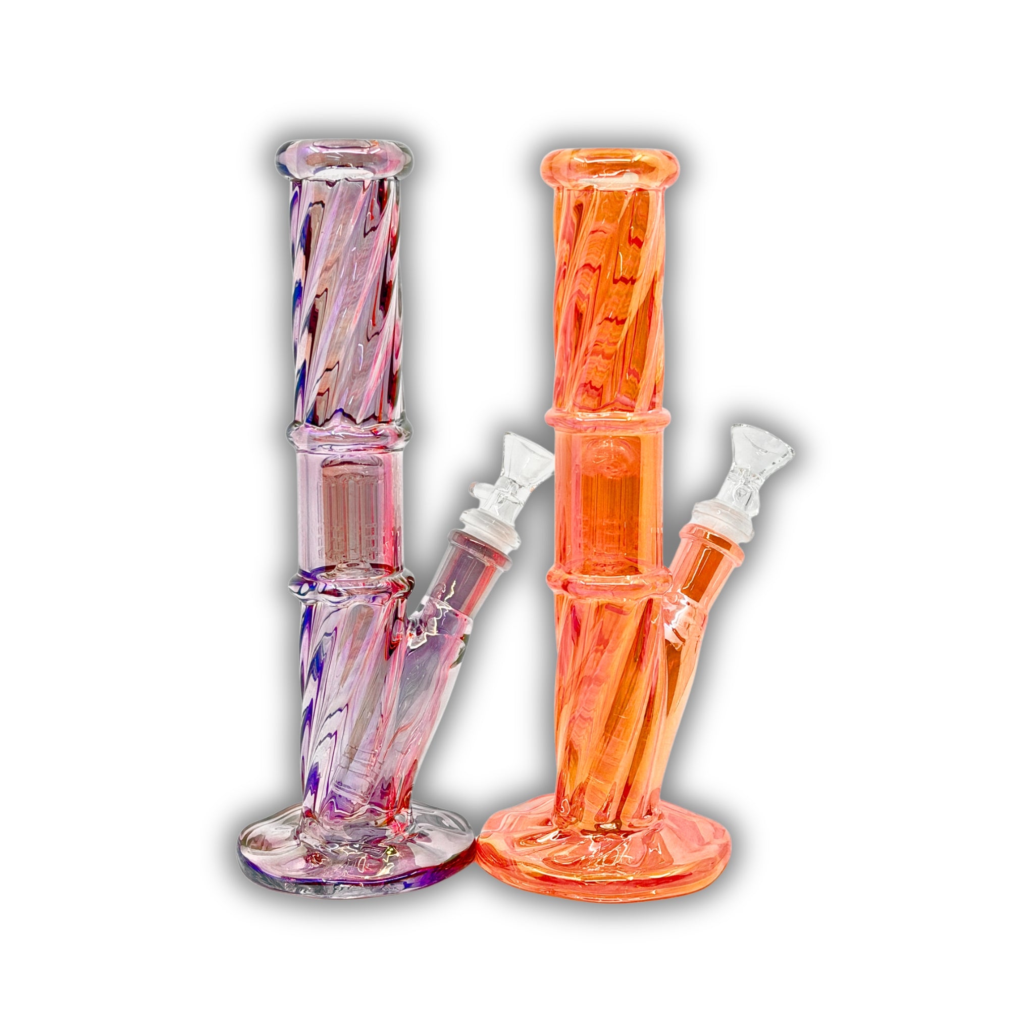 Vibrant full-color glass water pipe with twisted design, tree percolator, and angled neck.
