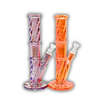 Vibrant full-color glass water pipe with twisted design, tree percolator, and angled neck.