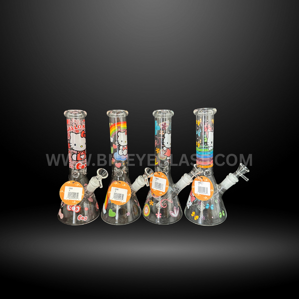 Assorted 10-inch beaker glass water pipes with Hello Kitty themed designs in colorful patterns. Durable wholesale bongs for smoke shops and head shops.