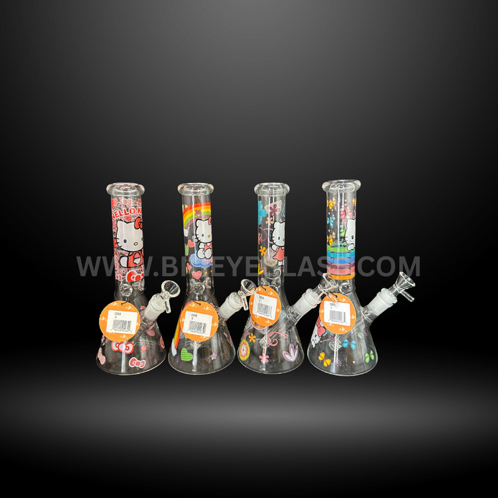 Assorted 10-inch beaker glass water pipes with Hello Kitty themed designs in colorful patterns. Durable wholesale bongs for smoke shops and head shops.