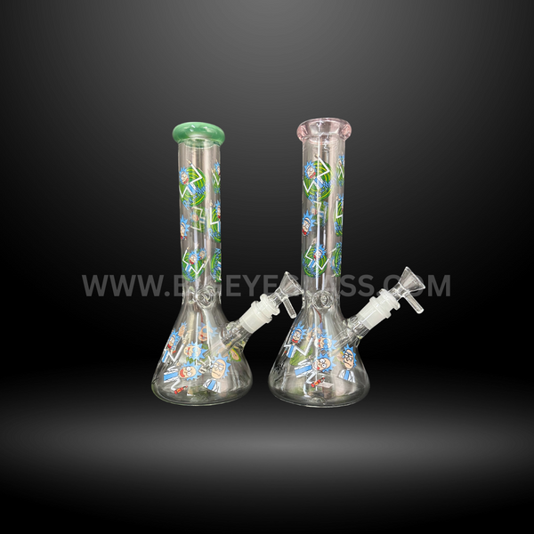 Set of clear glass beaker bongs with cartoon character prints and colored rims. Wholesale 10-inch water pipes for smoke shops and distributors.