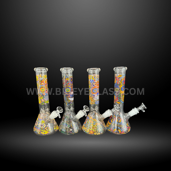 Set of 4 sugar skull and psychedelic design glass beaker bongs. Vibrant wholesale water pipes for head shops and smoke supply stores.