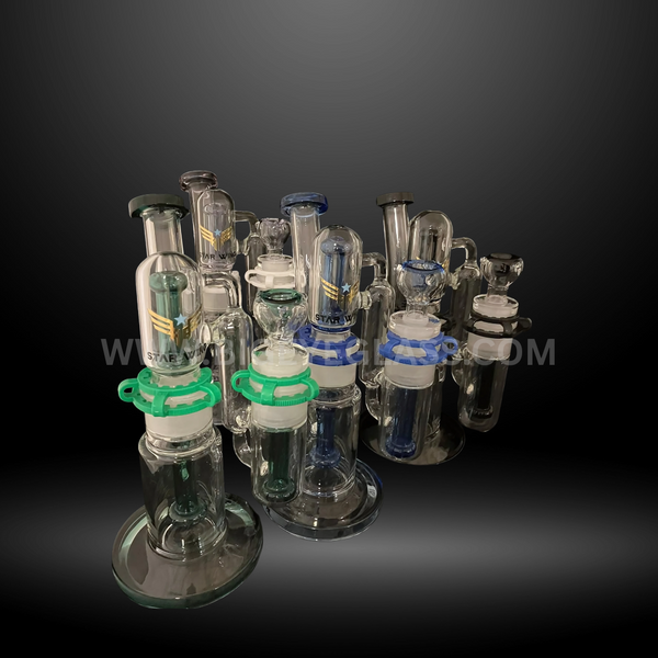 Star Wing branded glass percolator bongs with sturdy base and multiple designs. Premium wholesale water pipes for bulk orders and smoke shops.