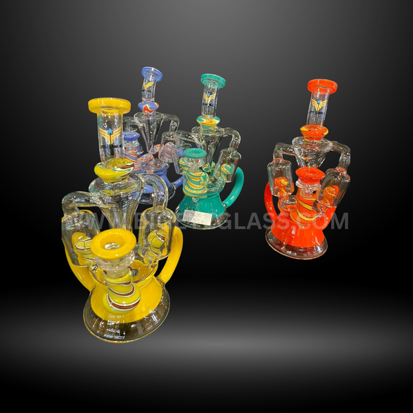 Assorted multi-arm recycler glass bongs in bold colors including yellow, blue, green, and red. Premium wholesale water pipes for smooth smoking.