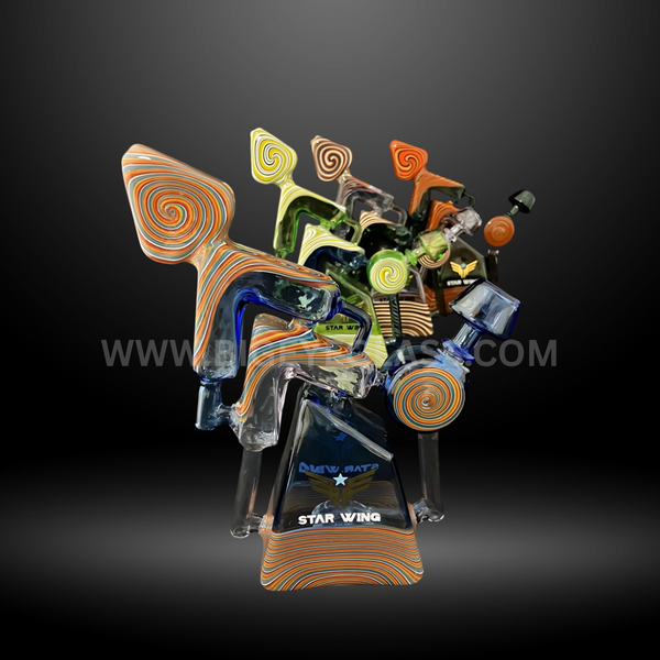 Pyramid glass bong with colorful spiral swirl designs and bold geometric style. Unique wholesale water pipe for smoke shops.