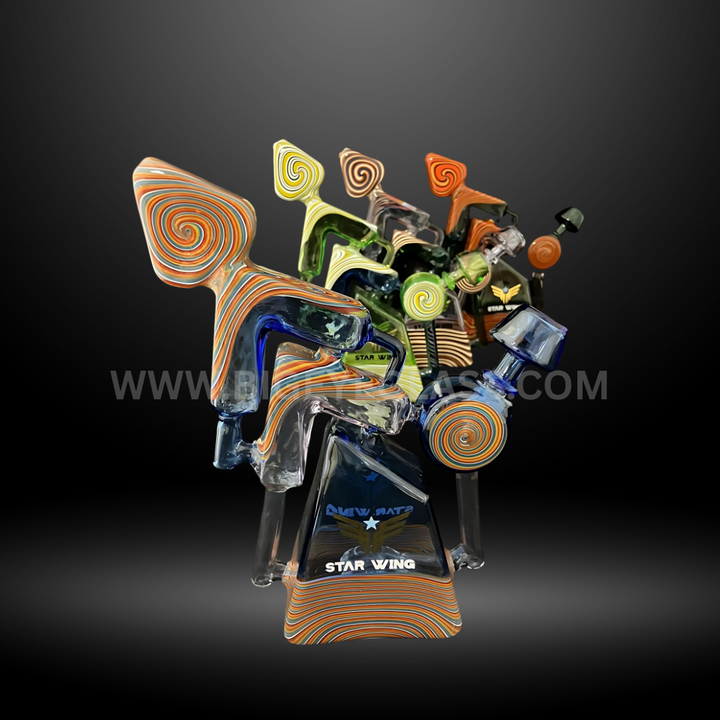 Pyramid glass bong with colorful spiral swirl designs and bold geometric style. Unique wholesale water pipe for smoke shops.