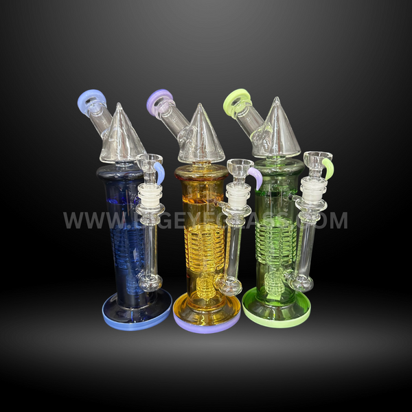 Set of three cone percolator dab rigs with colored bases in blue, amber, and green. Wholesale glass water pipes for smoke shops and head shops.