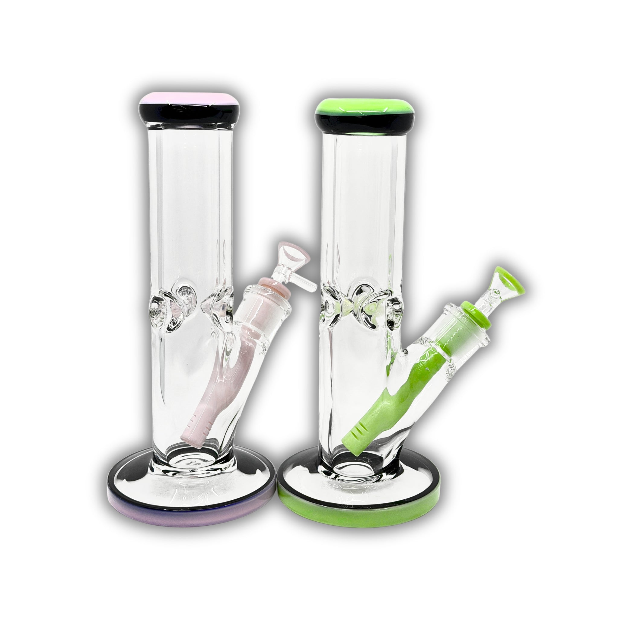 Clear straight tube glass water pipe featuring an inline downstem and colored mouthpiece and base accents.