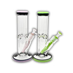 Clear straight tube glass water pipe featuring an inline downstem and colored mouthpiece and base accents.