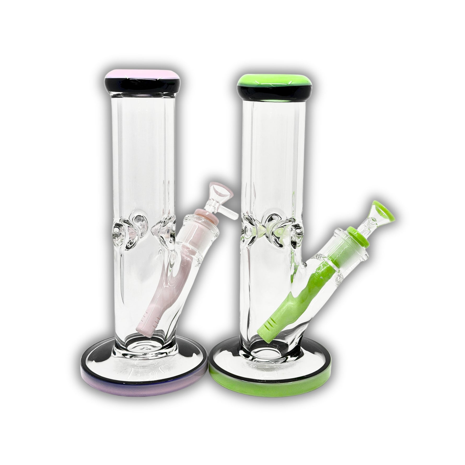 Clear straight tube glass water pipe featuring an inline downstem and colored mouthpiece and base accents.