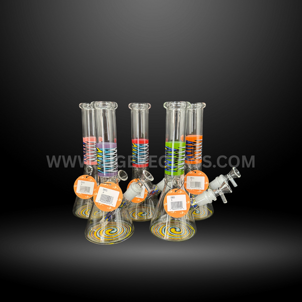 10" Wholesale Zig Zag Sprial Beaker Bong with colorful zig zag sprial on bas and middle.