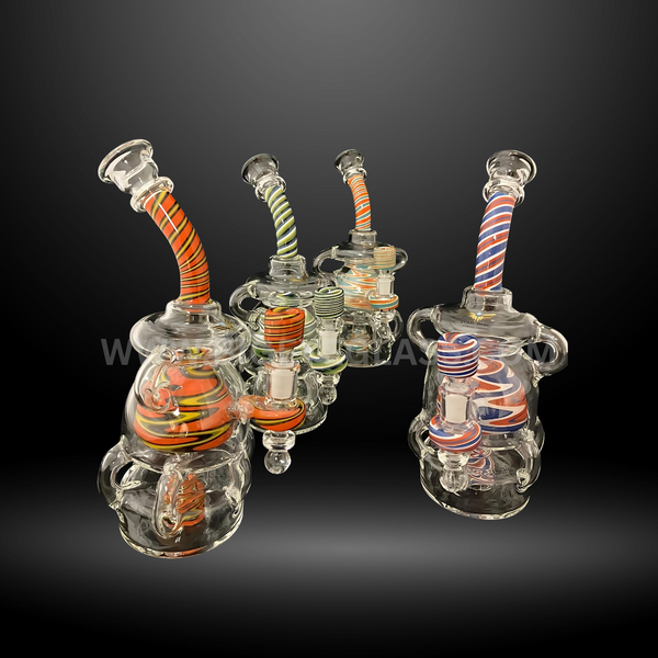 Colorful striped recycler glass dab rigs with spiral mouthpiece and chamber design. High-quality wholesale water pipes for smoke shops and bulk buyers.