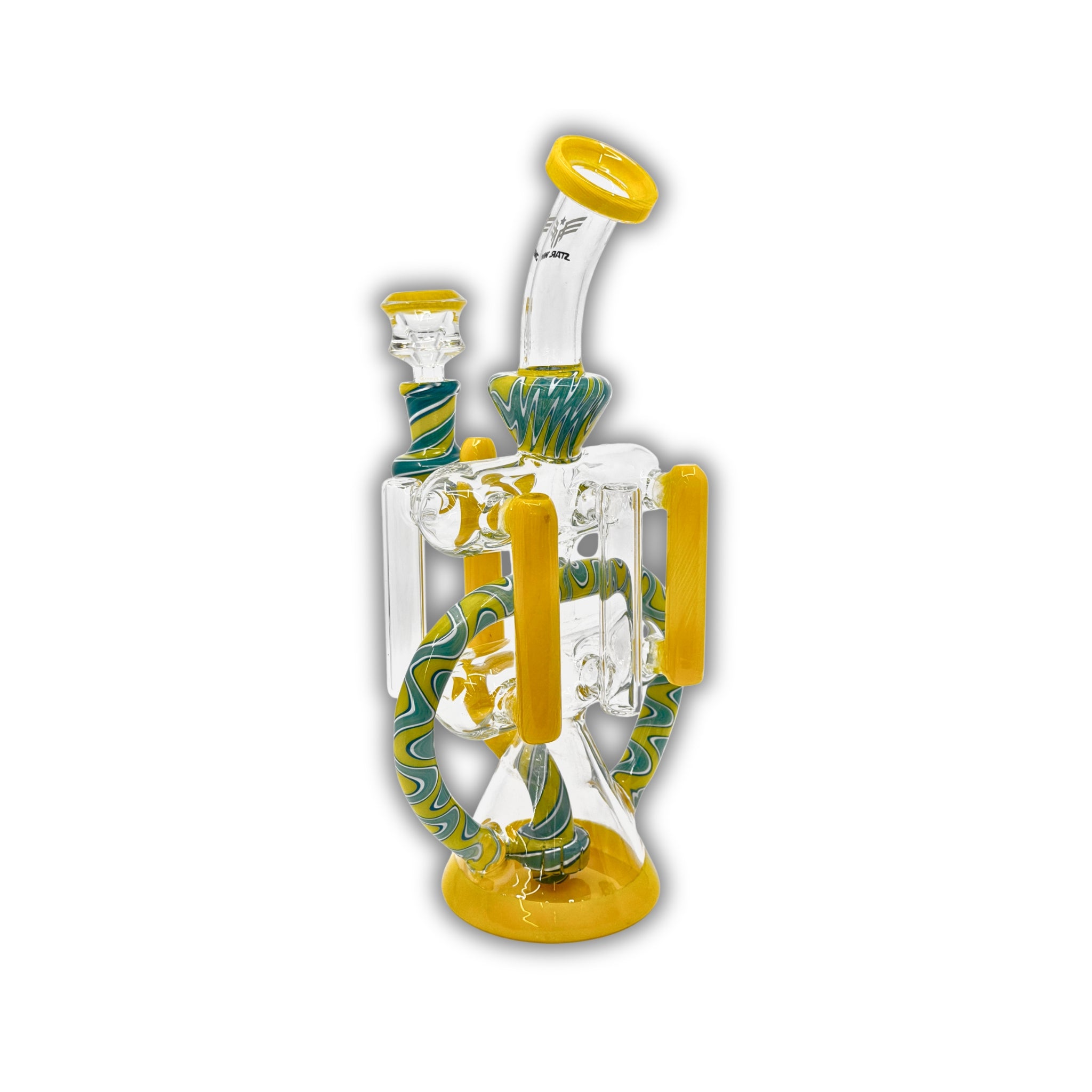 High-end glass recycler water pipe with multiple arms, yellow accents, and wig wag design tubing.