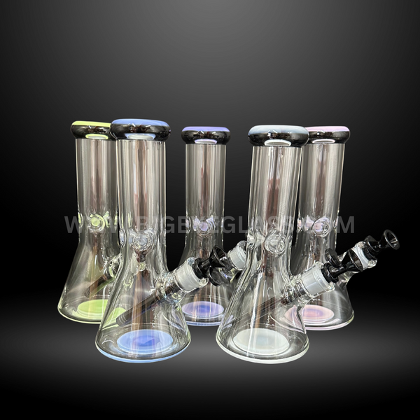 Set of six 12-inch clear glass beaker bongs with colored rims and bases. Durable wholesale water pipes for smoke shops and distributors.