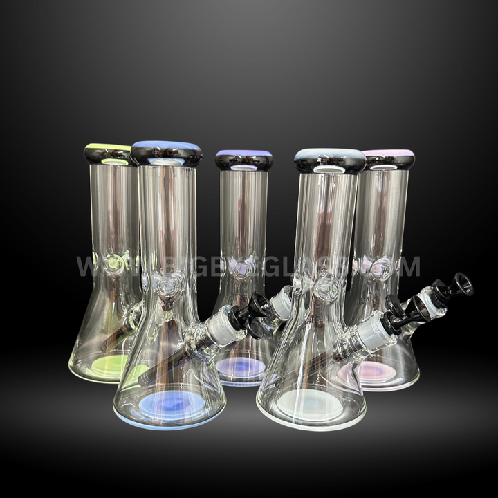 Set of six 12-inch clear glass beaker bongs with colored rims and bases. Durable wholesale water pipes for smoke shops and distributors.
