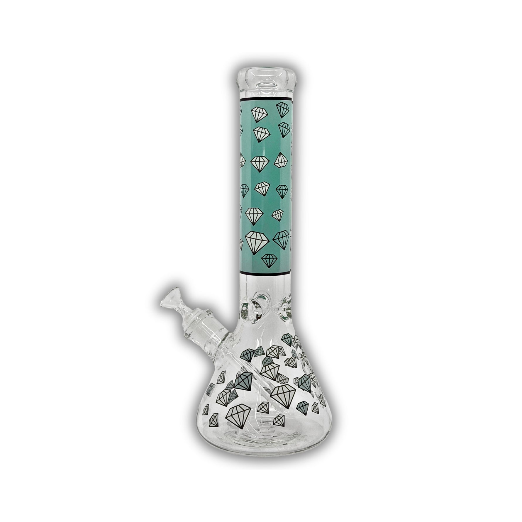 Clear glass beaker bong with monkey face graphics, designer-inspired repeating pattern print, cannabis leaf accents, and colored neck designs in blue and green.