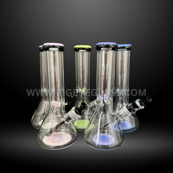 Set of clear glass beaker bongs with colored rims and bases. Wholesale 14-inch water pipes for head shops, smoke shops, and distributors.