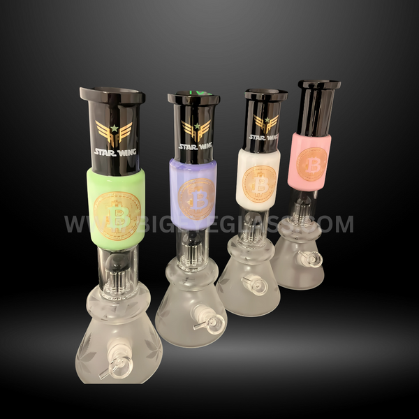 Bitcoin logo frosted beaker bongs in green, purple, white, and pink with black mouthpiece. Durable wholesale glass water pipes