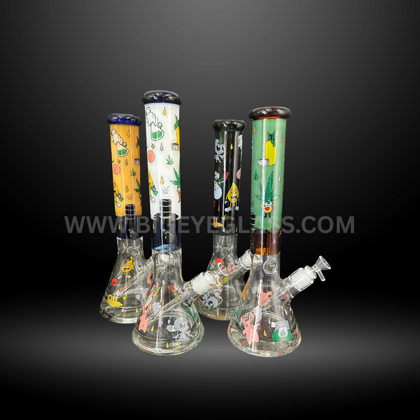Set of five glass beaker bongs featuring colorful cartoon prints and designs. Durable wholesale water pipes for smoke shops, head shops, and distributors.