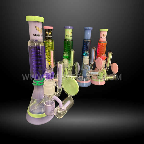 Colorful recycler glass bongs featuring spiral percolators in purple, yellow, green, blue, and orange. High-quality wholesale water pipes.