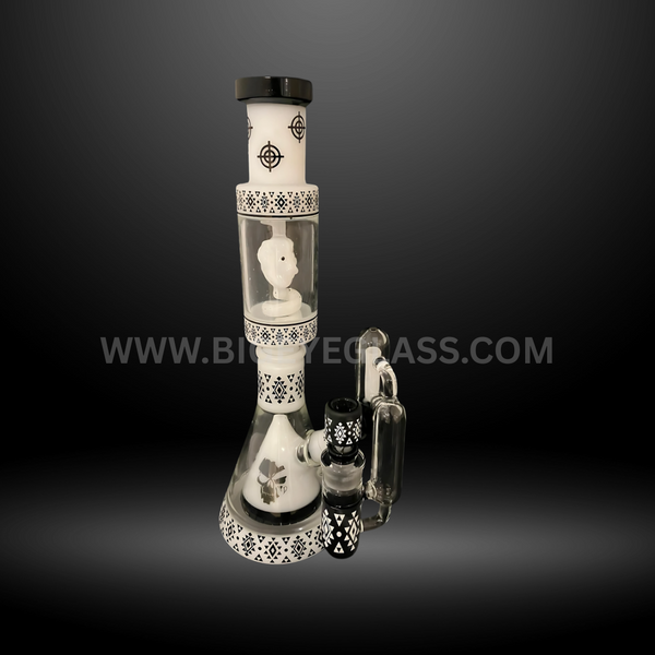 Black and white themed glass bong with skull perc, beaker base, and detailed printed design. Premium wholesale water pipe for smooth smoking.
