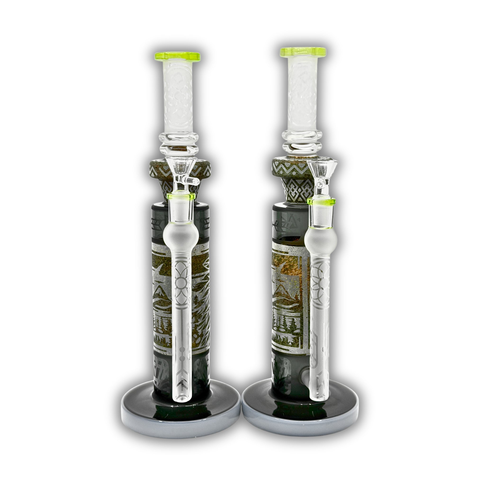 Straight tube glass bong with etched tribal artwork, frosted neck section, and removable frosted downstem with colored accents.