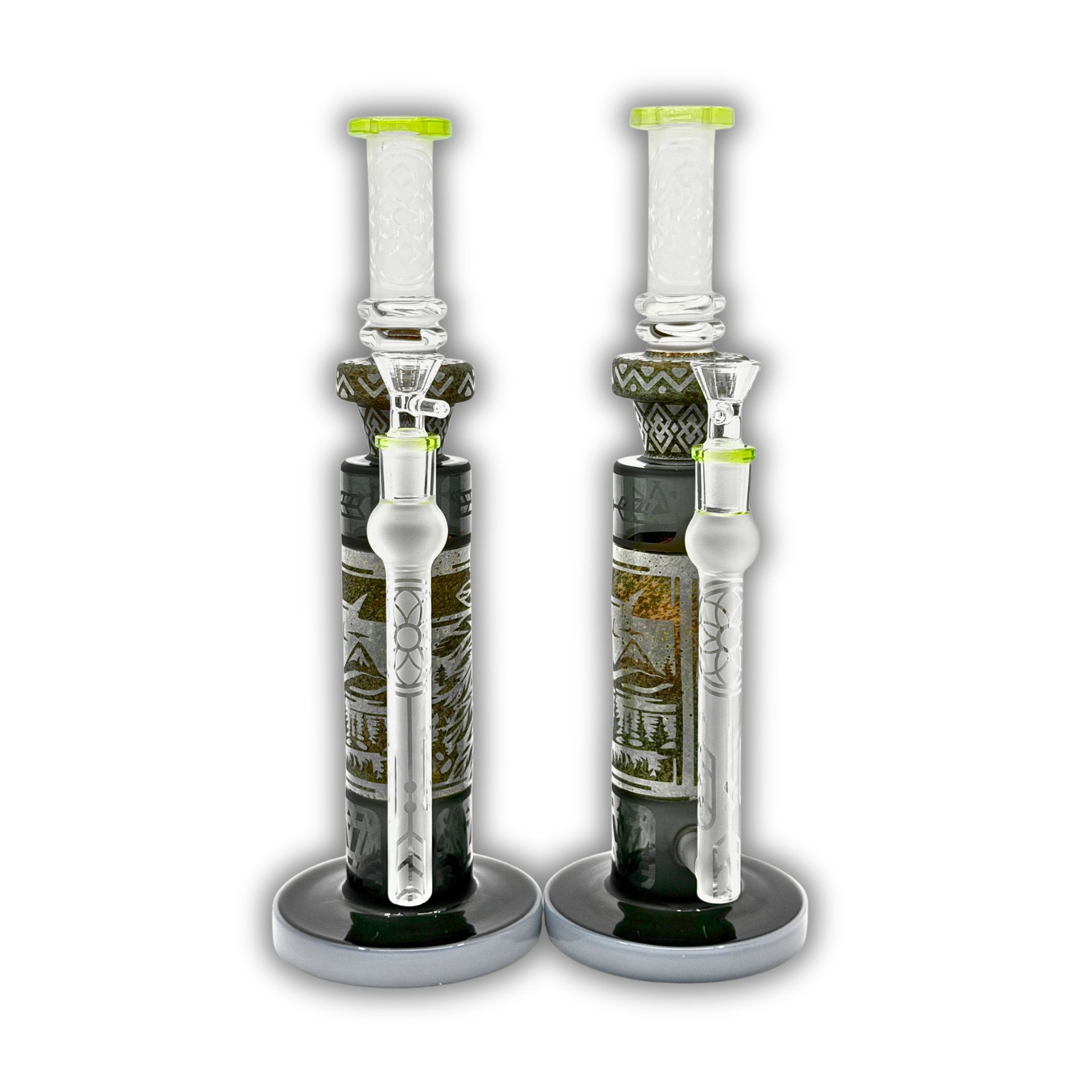 Straight tube glass bong with etched tribal artwork, frosted neck section, and removable frosted downstem with colored accents.