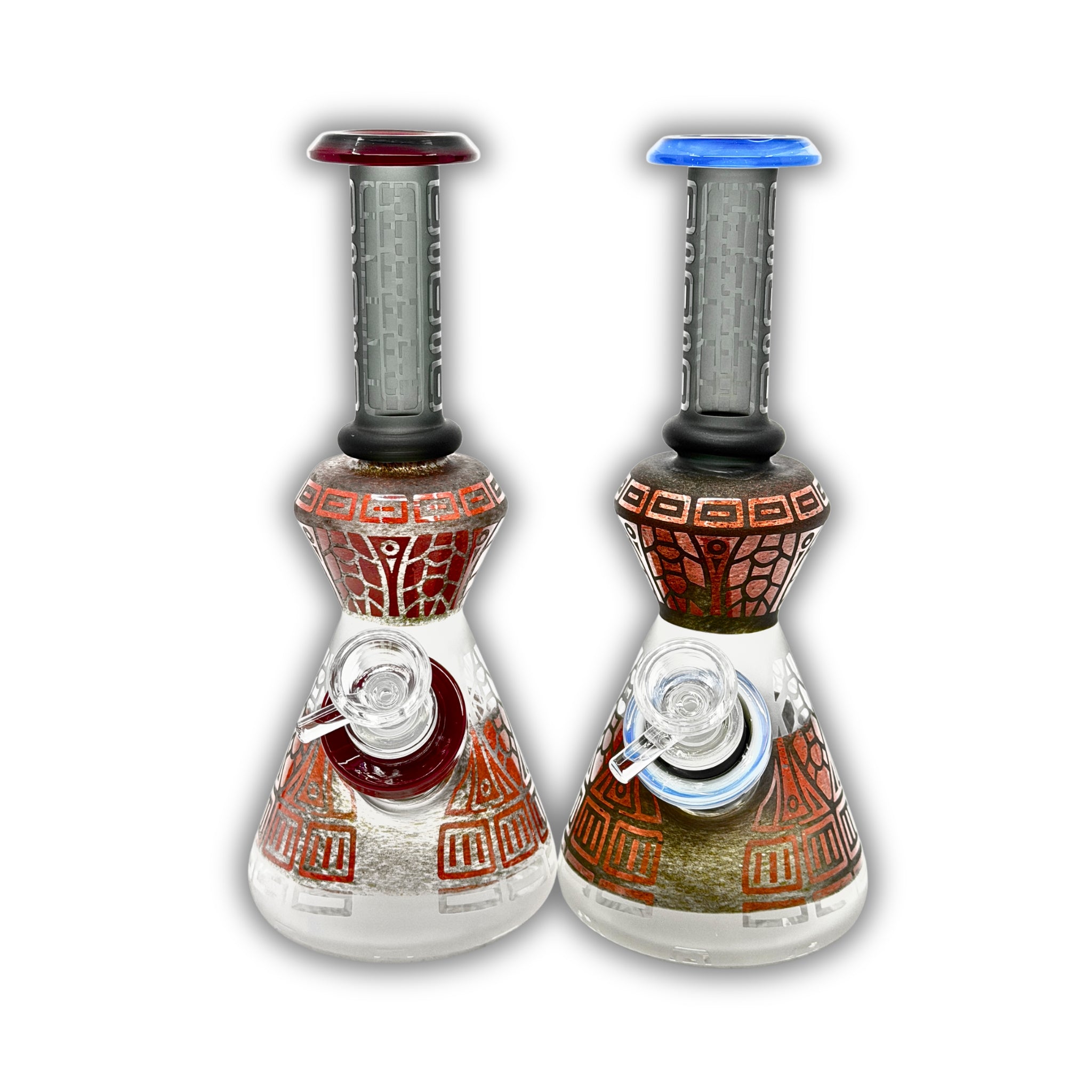 Frosted glass beaker bong featuring engraved tribal artwork, geometric neck patterns, colored accents, and detailed decorative wrap design.