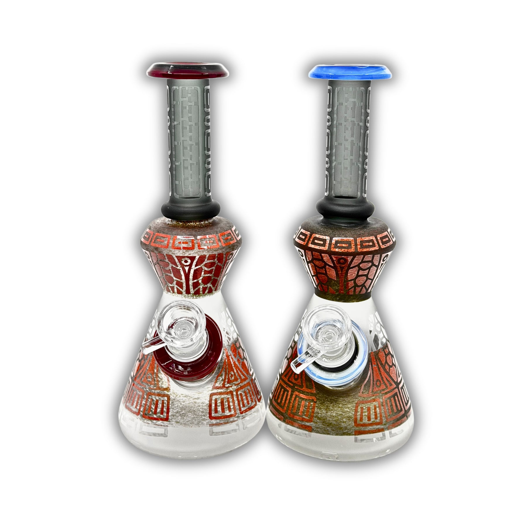 Frosted glass beaker bong featuring engraved tribal artwork, geometric neck patterns, colored accents, and detailed decorative wrap design.