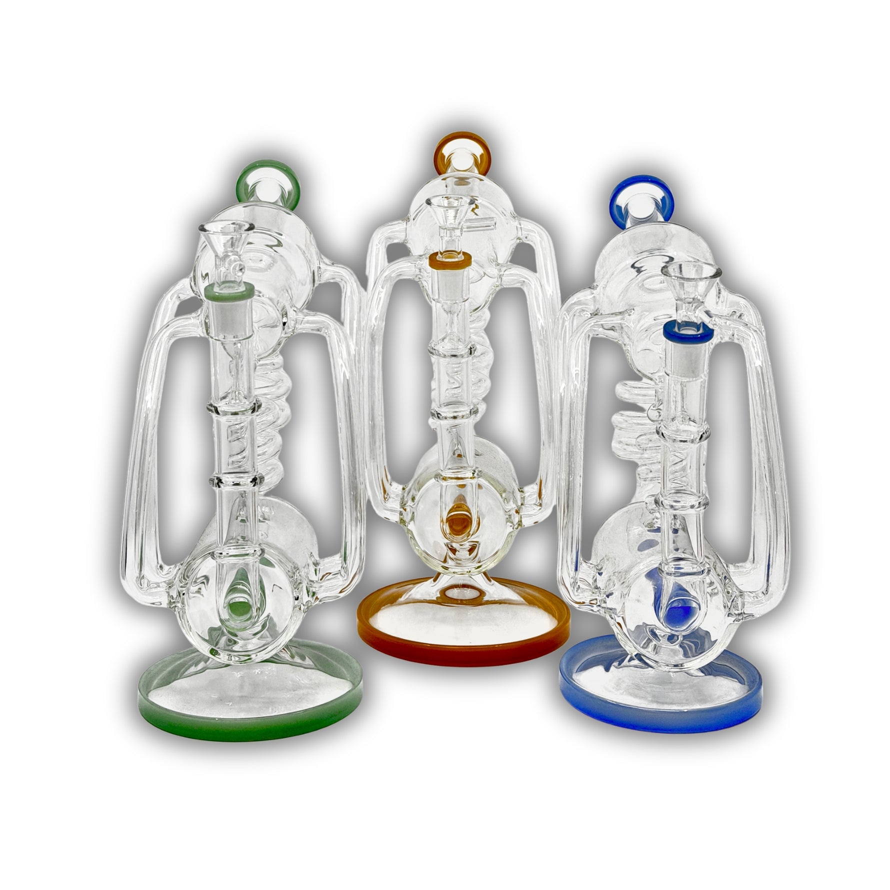 Clear glass recycler bong featuring multi-arm tubing, internal percolator system, circular chambers, and colored accent rings in green, amber, and blue.