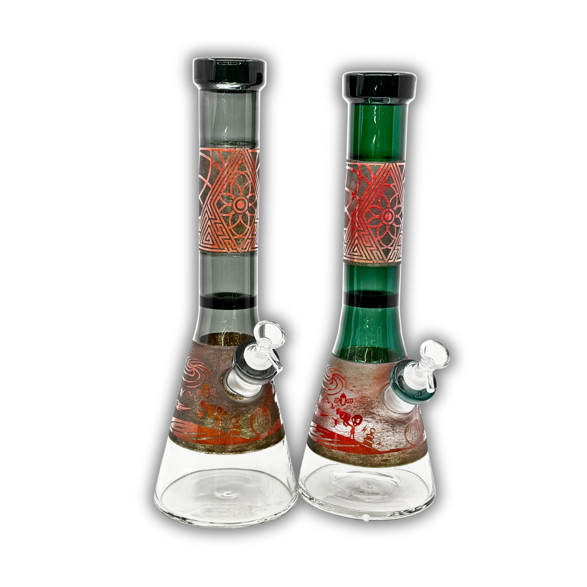 Tall beaker-style glass bong with metallic geometric sandblasted artwork, colored neck accents, and clear glass chamber.
