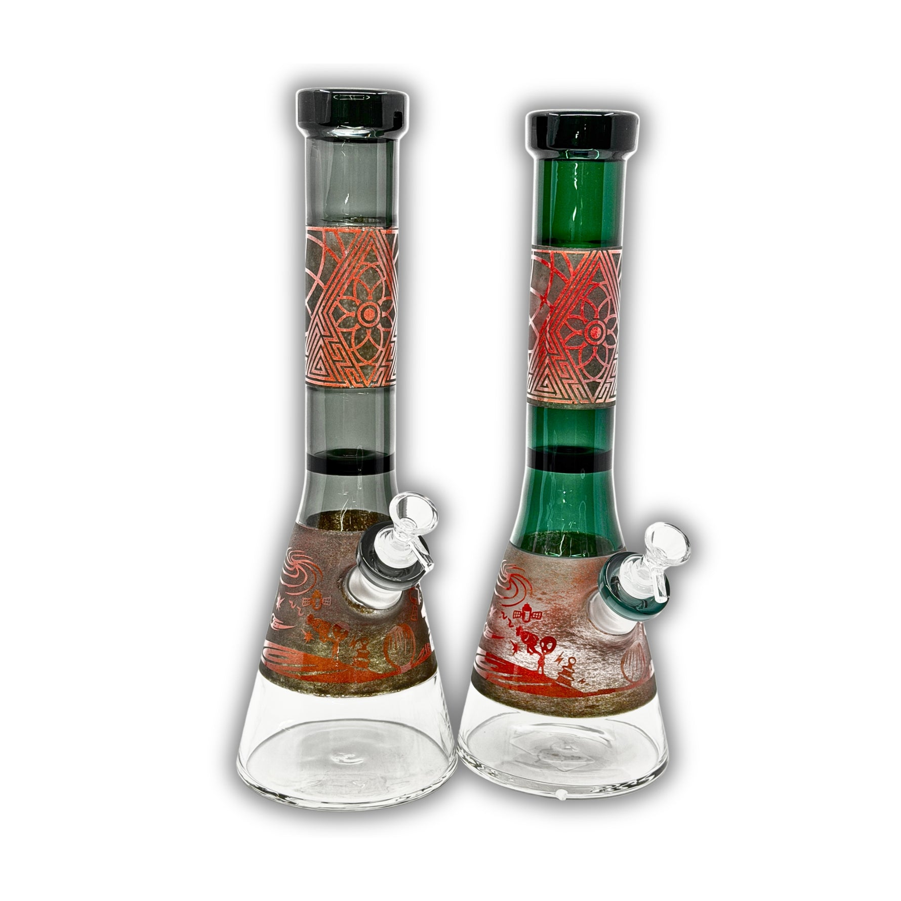 Tall beaker-style glass bong with metallic geometric sandblasted artwork, colored neck accents, and clear glass chamber.