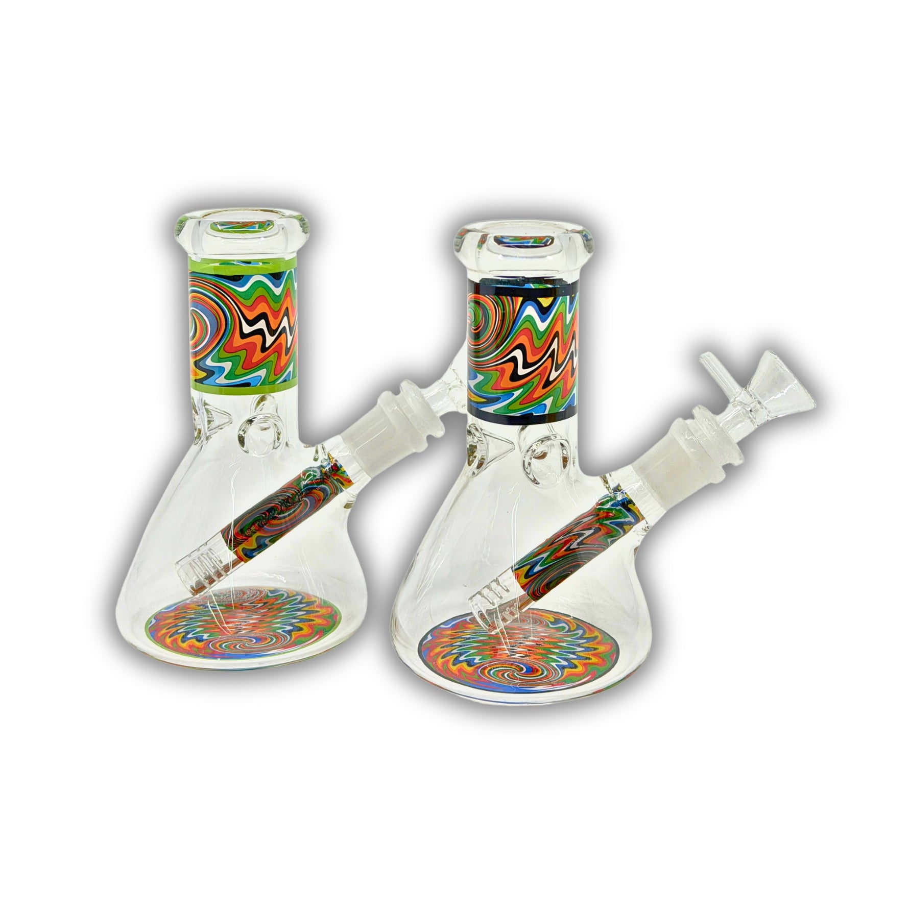 Compact clear glass beaker water pipe featuring colorful psychedelic wrap design on neck, base, and downstem with inline percolator.