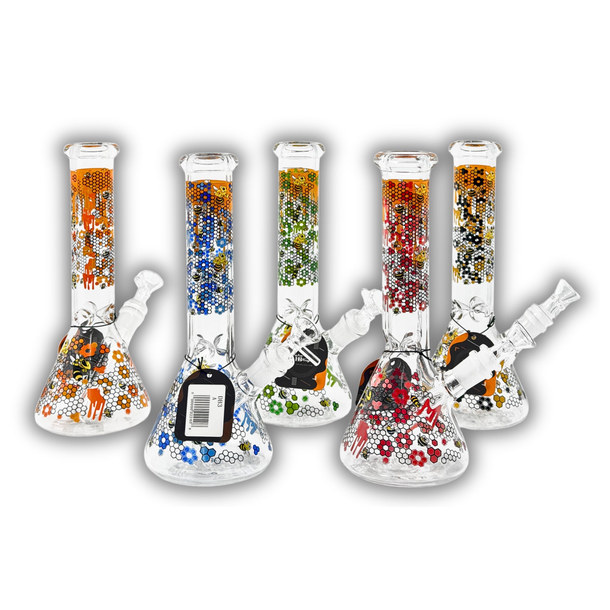 Clear glass beaker bongs featuring colorful honeycomb patterns, bee artwork, dripping paint accents, and assorted vibrant color themes with removable bowls.