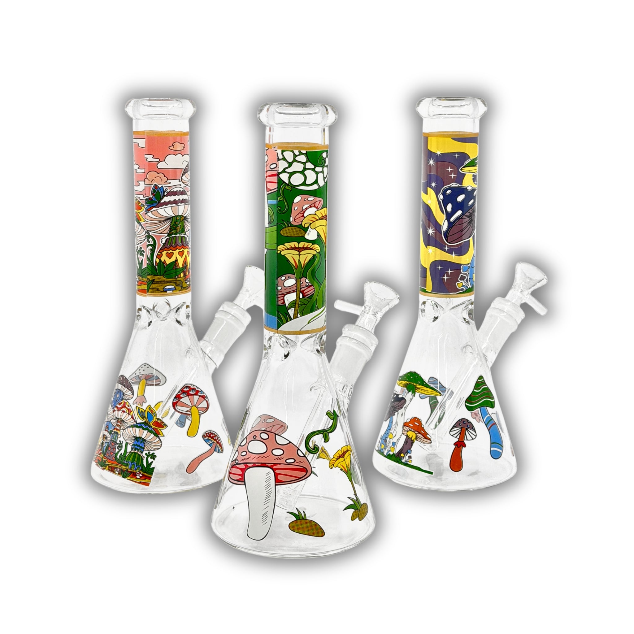 Clear glass beaker water pipes featuring colorful psychedelic mushroom artwork, fantasy-inspired graphics, and straight neck bong designs with removable bowls.
