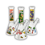 Clear glass beaker water pipes featuring colorful psychedelic mushroom artwork, fantasy-inspired graphics, and straight neck bong designs with removable bowls.