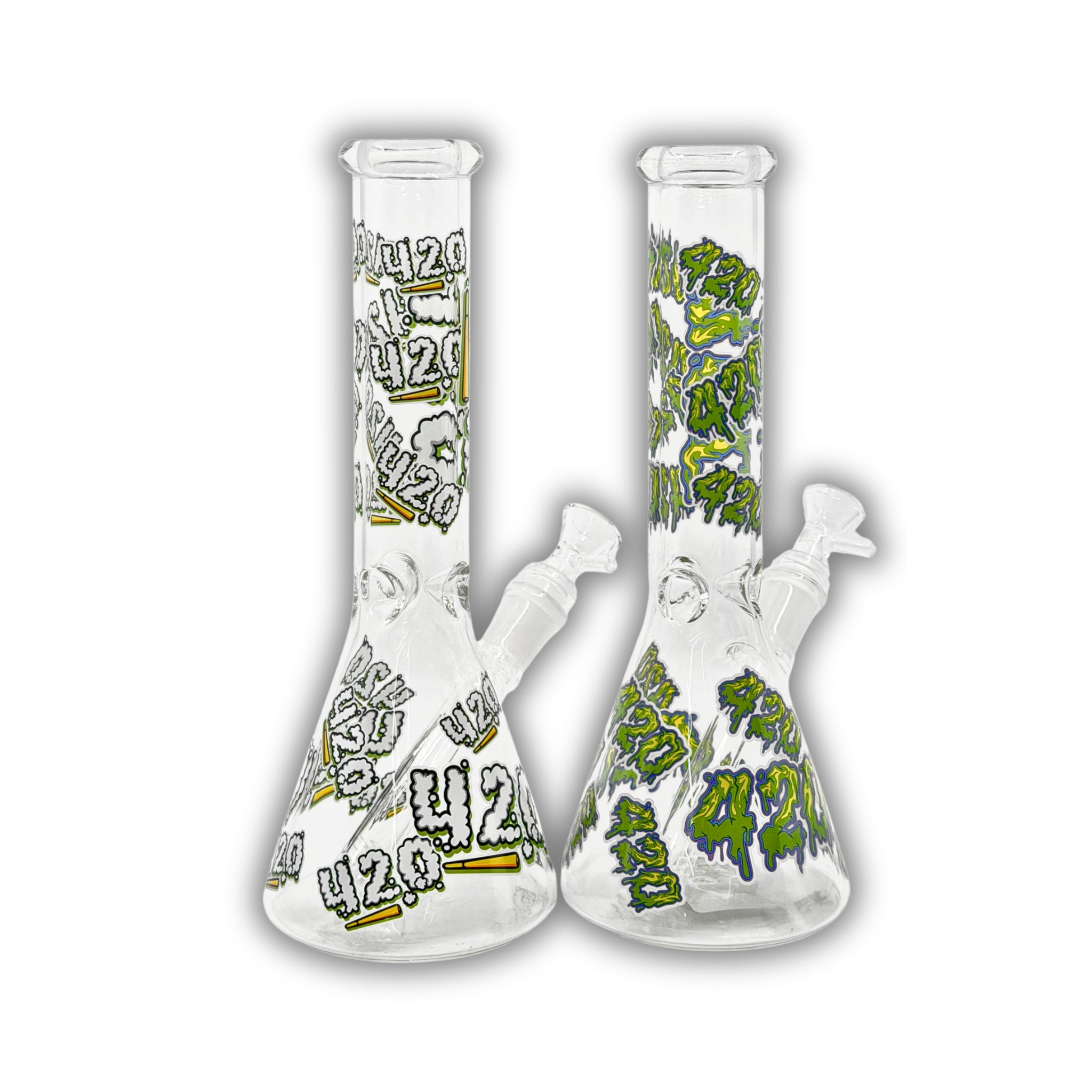 Clear mini beaker bong with bold “420” graffiti-style print design covering the body and neck.