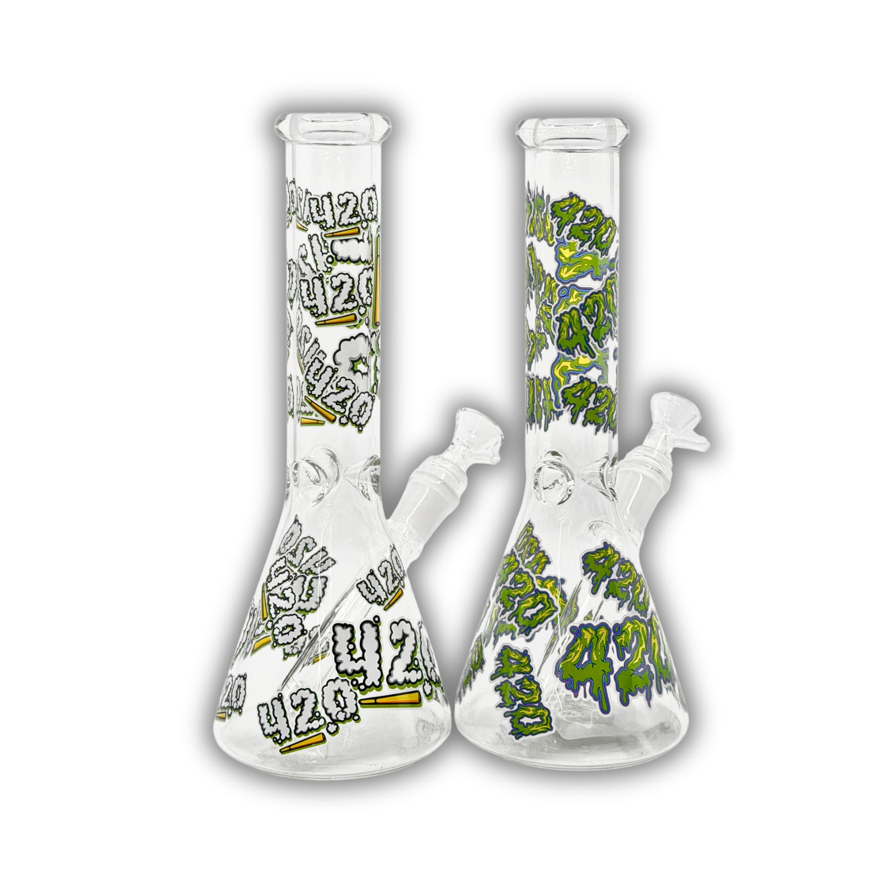 Clear mini beaker bong with bold “420” graffiti-style print design covering the body and neck.