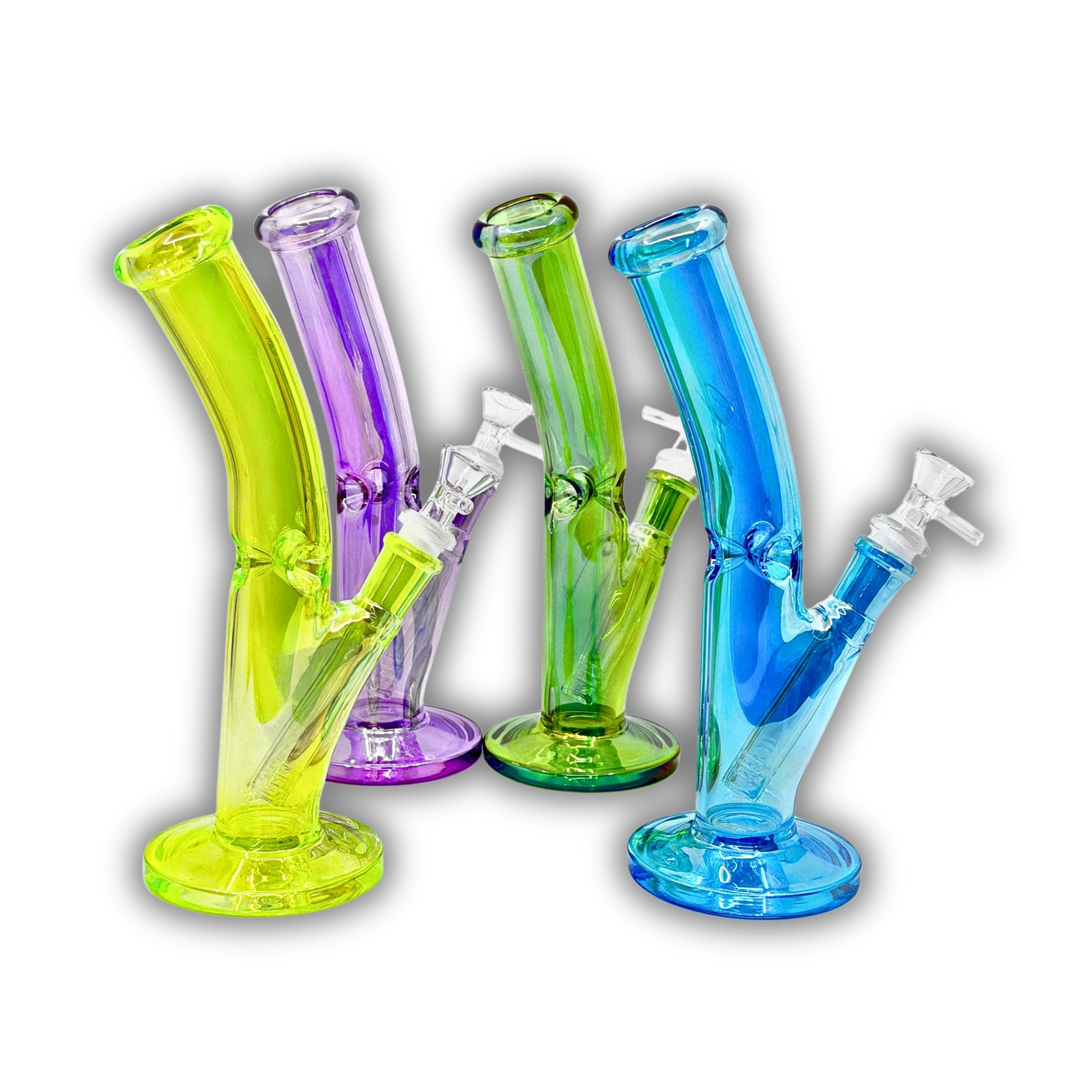 Compact colored glass dab rig with straight tube design, angled mouthpiece, and matching downstem accents in assorted vibrant colors.