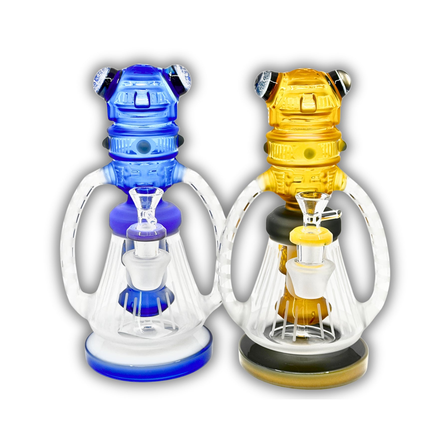 Futuristic recycler glass dab rig with robot head topper, dual loop side tubes, colored accents, and detailed internal perc chamber.