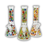 Clear glass beaker bong covered in vibrant retro floral patterns with multicolor flower artwork, straight neck design, and removable glass bowl.