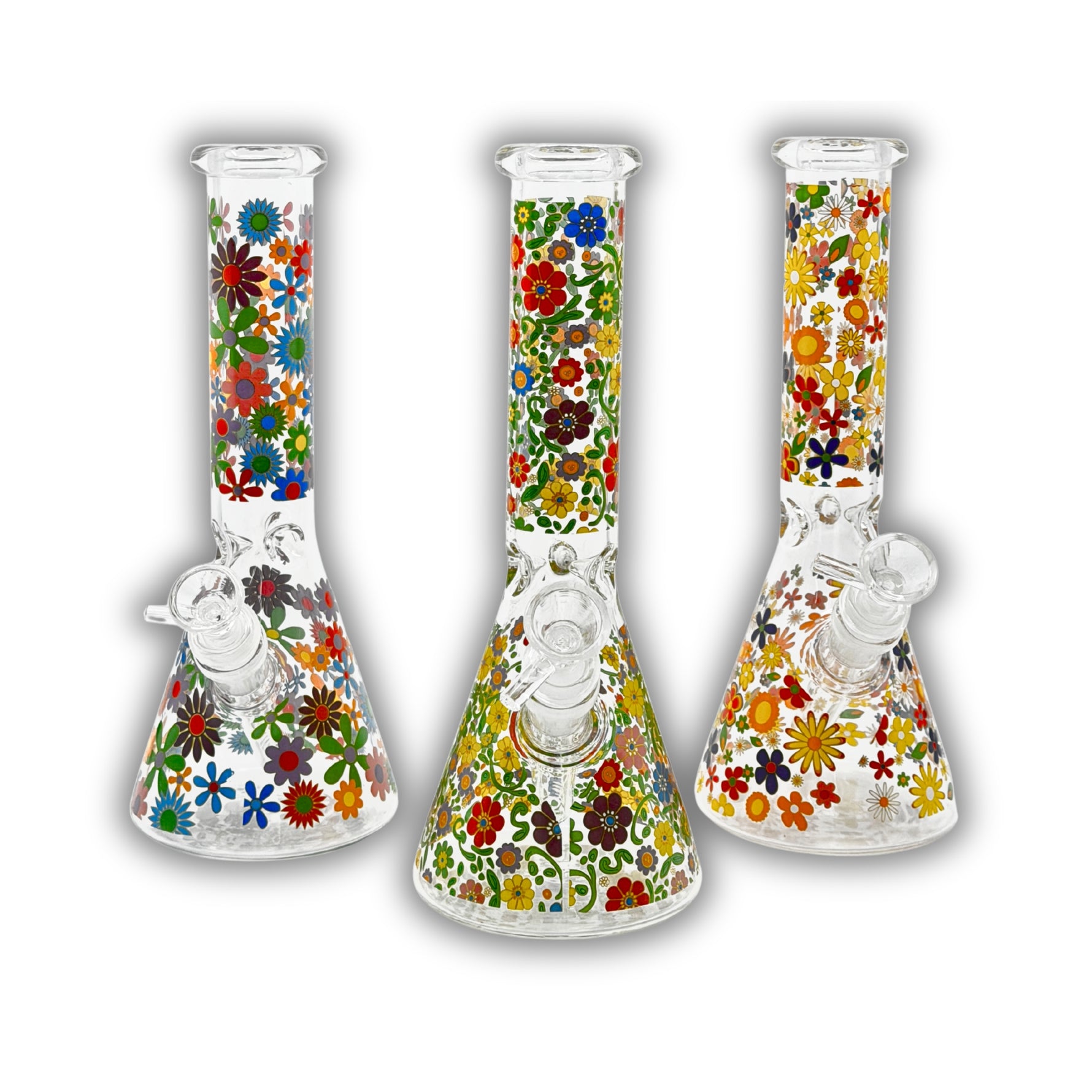 Clear glass beaker bong covered in vibrant retro floral patterns with multicolor flower artwork, straight neck design, and removable glass bowl.