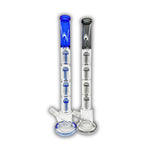 Tall glass water pipe featuring three stacked tree percolators with colored accents and straight tube design.