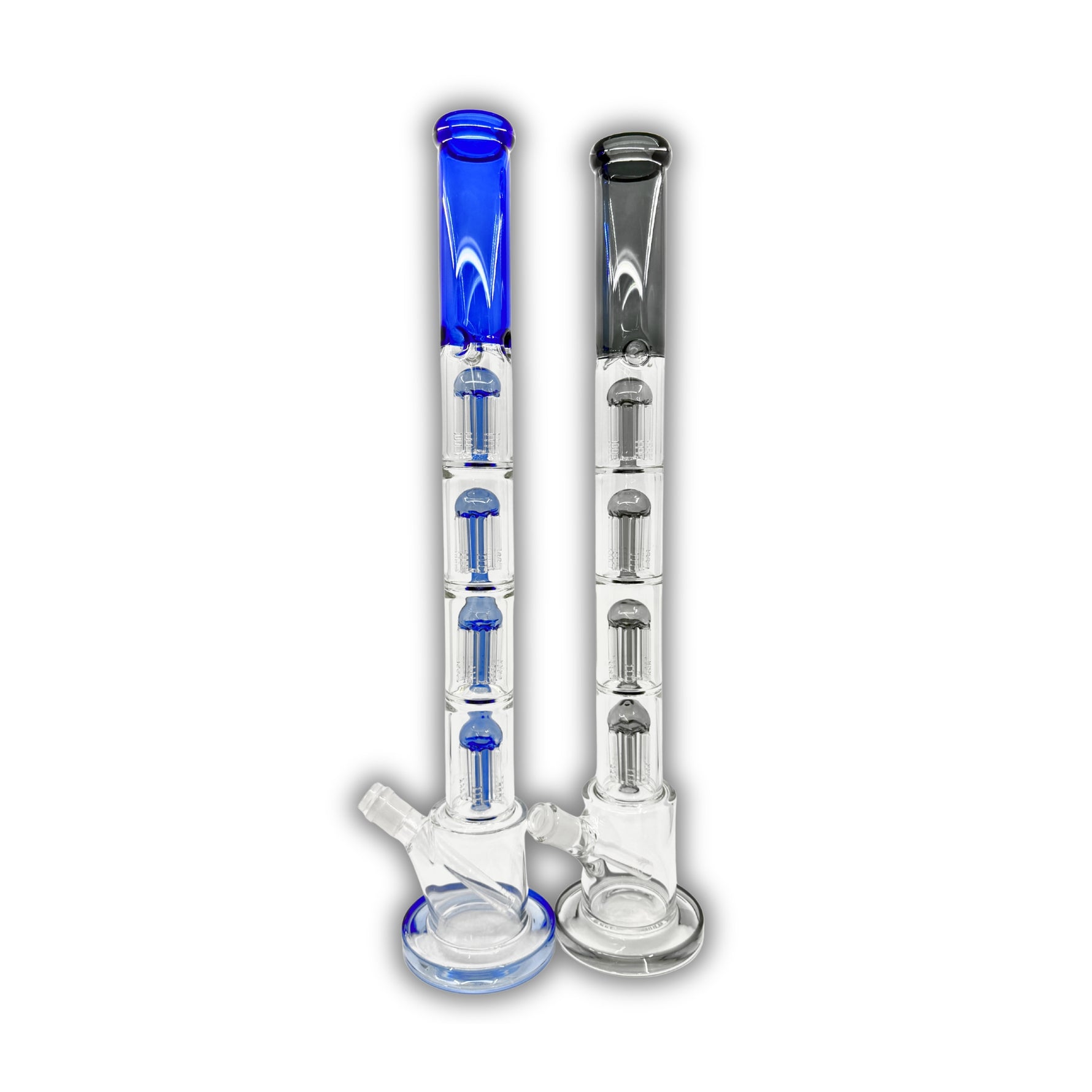 Tall glass water pipe featuring three stacked tree percolators with colored accents and straight tube design.
