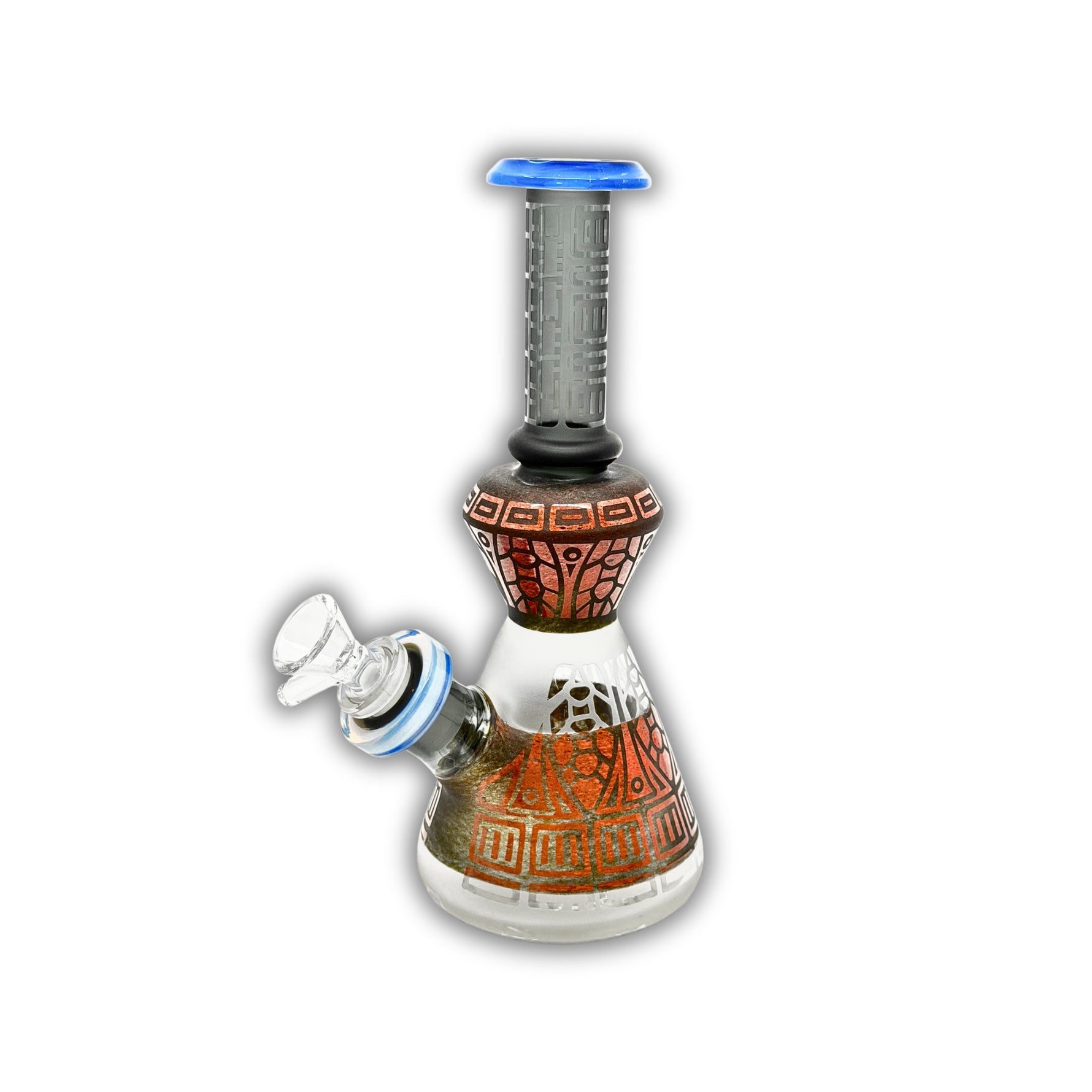 Frosted glass beaker bong featuring engraved tribal artwork, geometric neck patterns, colored accents, and detailed decorative wrap design.
