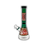 Tall beaker-style glass bong with metallic geometric sandblasted artwork, colored neck accents, and clear glass chamber.