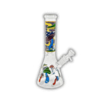 Clear glass beaker water pipes featuring colorful psychedelic mushroom artwork, fantasy-inspired graphics, and straight neck bong designs with removable bowls.